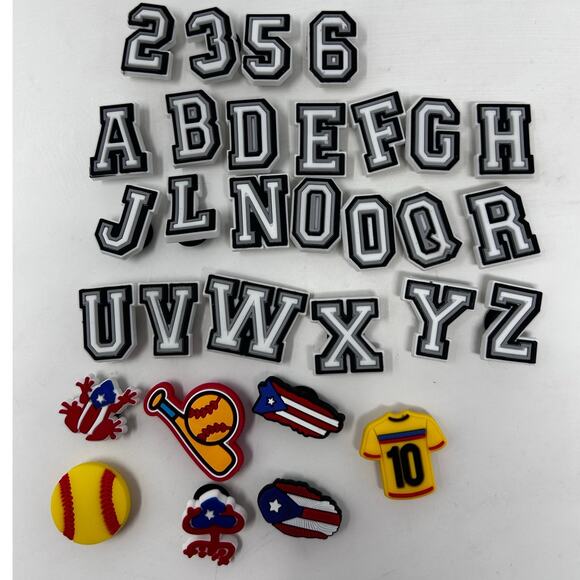 Shoe Charms 31 Pieces‎ Letters, Numbers and Some Sports - Picture 1 of 3